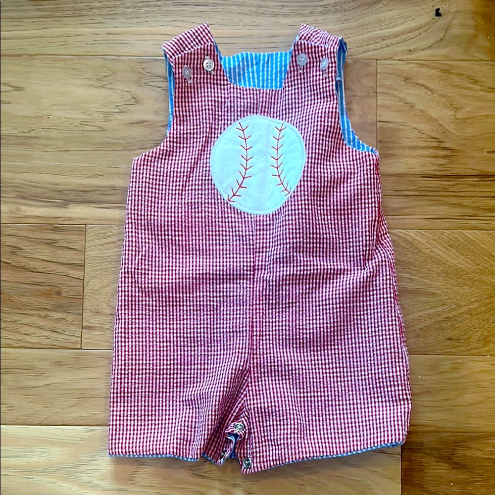 Red Gingham Baby Romper with Baseball Patch